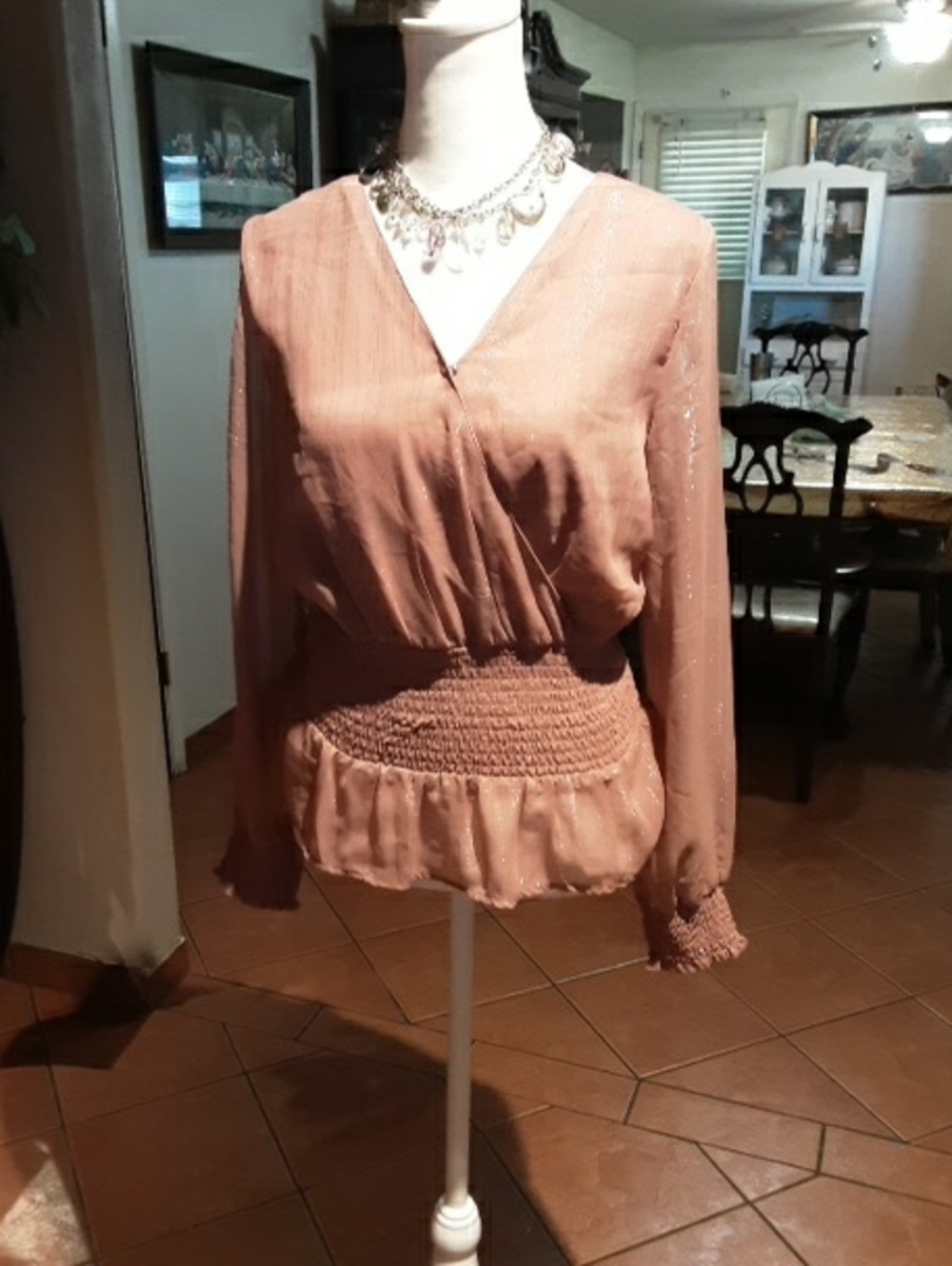 Women's Dusty Rose Smocked Waist V-Neck Blouse